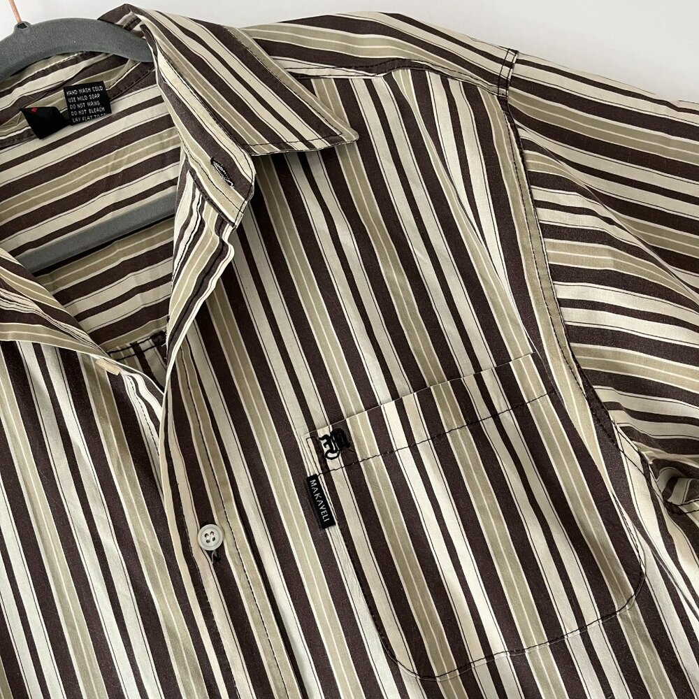 Men’s Makaveli Brand XL Short Sleeve Khaki White Striped Button Down Shirt Tupac